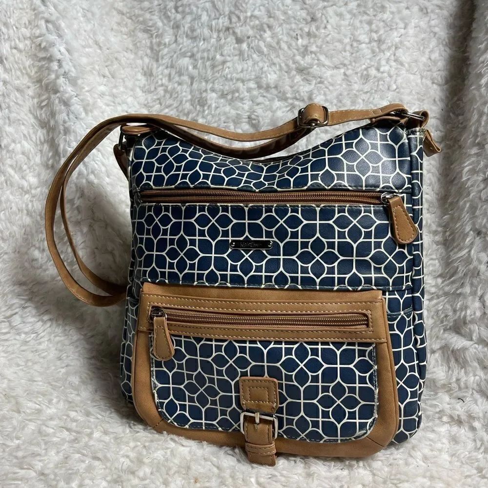 MultiSac Synthetic Navy Blue & White medium shoulder/crossbody bag brown trim